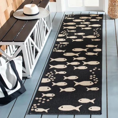 Vista 34 de SAFAVIEH Alfombra lavable para exteriores, colección Patio de 2.3 x 12 pies, color azul y beige, no desprende pelusa y fácil de limpiar, ideal