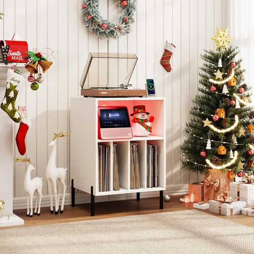 Vista 4 de LOKO Soporte para tocadiscos con luces LED, soporte para tocadiscos con estación de carga, soporte de almacenamiento de vinilo con patas de metal
