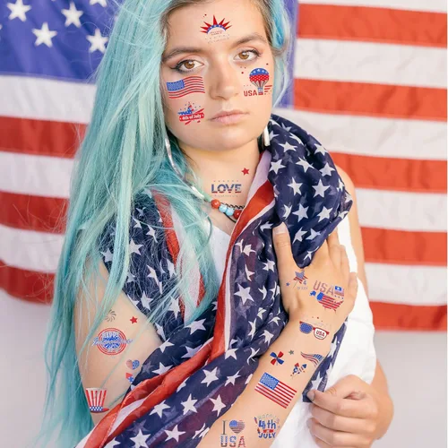 Vista 4 de HOWAF Más de 100 tatuajes temporales del 4 de julio – Bandera de Estados Unidos, suministros de fiesta rojo, blanco y azul, decoraciones del 4
