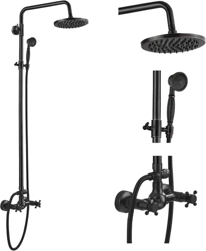 Vista 13 de gotonovo Juego de llave de ducha expuesta para baño, accesorio de ducha con cabezal efecto lluvia de 8 pulgadas, ducha de mano, mango en cruz Dorado