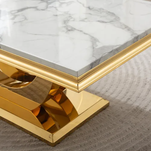 Vista 5 de SSLine Mesa de Centro Rectangular de Mármol Sintético para Sala de Estar, Mesa Central Moderna de Mármol Blanco de Lujo con Base Doble en Forma de U