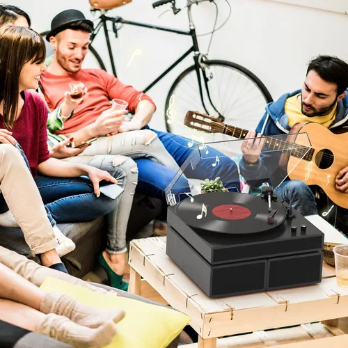 Vista 7 de Tocadiscos con 2 altavoces externos, tocadiscos con entrada Bluetooth, accionado por correa, 33, 45, 78 RPM, tocadiscos LP para discos de vinilo