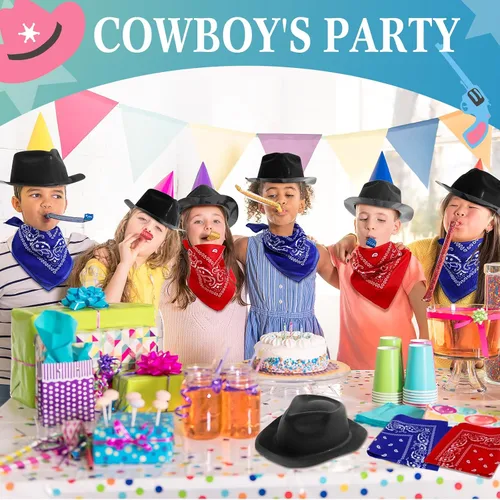 Vista 6 de Hillban 72 Piezas Juego de Sombrero de Vaquero del Oeste y Bandana de Paisley para Niños Sombreros de Fieltro de Vaquero para Favores de Fiesta