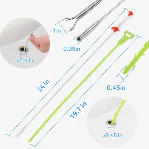 Vista 6 de Herramienta para eliminar obstrucciones de pelo de serpiente, garra de acero inoxidable de 34 pulgadas y paquete de 3 herramientas