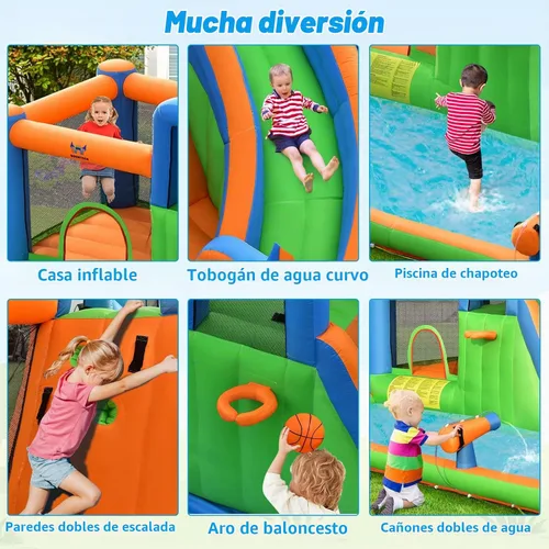 Vista 4 de BOUNTECH Tobogán acuático inflable, castillo de salto de parque acuático para niños con gran piscina de salpicaduras, 2 paredes de escalada