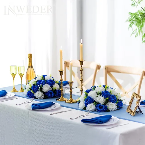 Vista 2 de Bolas de flores para centros de mesa, rosas de boda, 2 bolas de rosas artificiales con base, bola de flores falsas azul real, bola de beso, floral