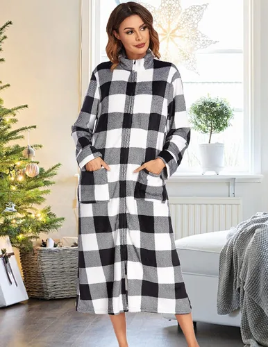 Vista 3 de MAXMODA Bata larga de forro polar con cremallera para mujer, abrigo cálido y suave con bolsillos