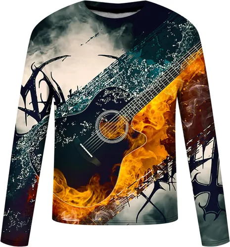 Vista 4 de Muscularfit Camisas para hombre, manga larga, estilo casual, estilo fresco, con estampado de guitarra, pulóver, hip hop, cuello redondo, sudadera a