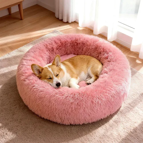 Vista 13 de Cama para perros en forma de dona, tamaño mediano, camas redondas para perros y gatos pequeños y medianos con piel sintética esponjosa lavable, cama