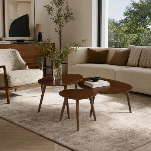 Vista 18 de Mesa de centro ovalada pequeña, de 33.5 pulgadas, mesa de centro moderna de mediados de siglo para sala de estar, mesa auxiliar 100% madera de roble