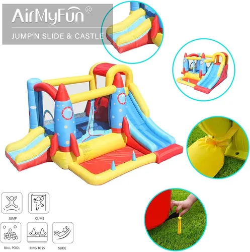 Vista 4 de AirMyFun Casa inflable para saltar, castillo hinchable con soplador de aire, casa de juegos con piscina de bolas, tobogán inflable para niños