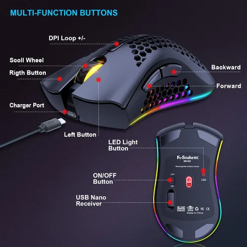 Vista 6 de Mouse inalámbrico ligero para juegos, mouse inalámbrico recargable de 2.4 G con carcasa de panal de abeja, 7 botones, DPI ajustable, receptor USB