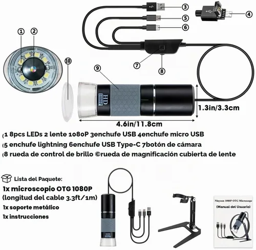 Vista 6 de Microscopio Digital USB Full HD 1080P para iPhone iPad Android PC, Microscopio Portátil de Mano de Alta Definición 50-1000X con Luz para Monedas