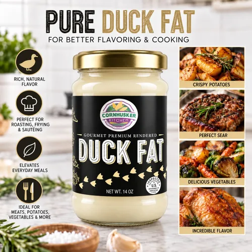 Vista 3 de Cornhusker Kitchen Aceite de cocina animal con grasa de pato en tarro de 14 onzas – Gourmet Premium Rendered – Estante estable