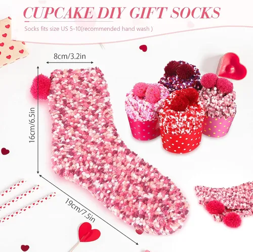 Vista 4 de 4 Pairs Valentine's Day Cupcake Socks Gifts for Women Girl Fuzzy Fluffy Sock DIY Present Socks Birthday Gifts