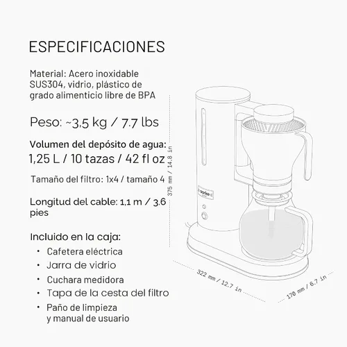 Vista 6 de Cafetera aarke - Eléctrica de 10 tazas / 42 fl oz con goteo y parada automática, jarra de vidrio, prepara una olla completa en menos de 6 minutos