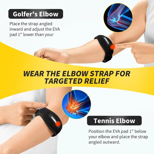 Vista 4 de CAMBIVO Paquete de 2 coderas de tenis para hombres y mujeres, alivio del dolor de codo para tendinitis, codo de tenis y golfista, correa ajustable