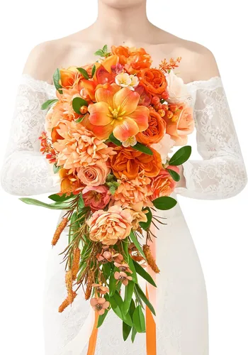 Vista 20 de Serwalin Ramos de boda de 9.8 pulgadas para novia y dama de honor, peonías rosa empolvado, ramos de flores de novia para boda, ramo de lanzamiento