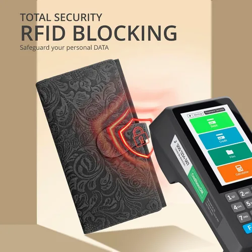 Vista 5 de Cartera de cuero genuino para mujer de cuero con bloqueo RFID - Tarjetero triple de diseñador para damas tipo clutch con ventana de identificación