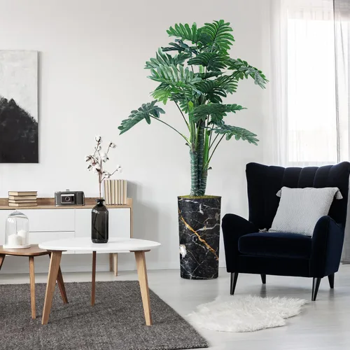 Vista 8 de Árbol artificial en macetero con efecto de granito moderno, palmera tropical areca artificial de seda para decoración del hogar en interiores