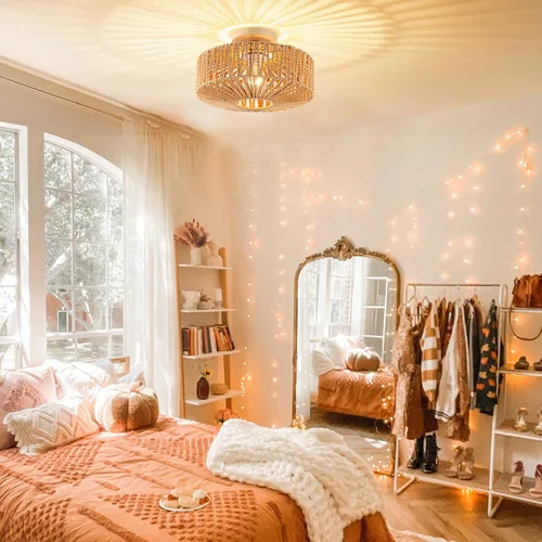 Vista 3 de Lámpara de Techo de Ratán Boho - Mini Candelabro de Montaje Empotrado Accesorio de Luz Tejido para Dormitorio, Pasillo, Entrada, Baño, Guardería