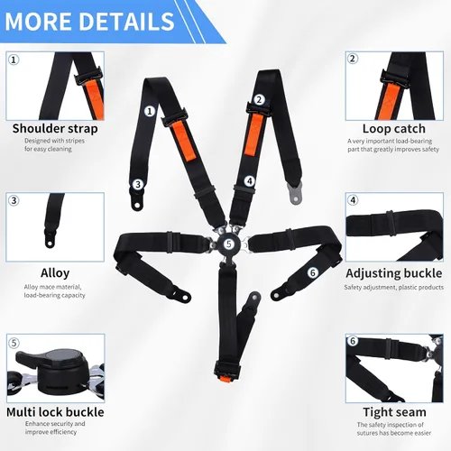 Vista 2 de Yakitoko Universal Arnés de Seguridad de 5 Puntos, 2 Pulgadas, Compatible con Go Kart, UTV, ATV, Carreras, Negro