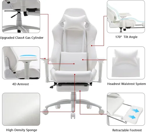 Vista 3 de Silla de juegos, sillas de oficina para el hogar, silla de oficina ergonómica con reposapiés y soporte lumbar, sillas de juegos para adultos, silla