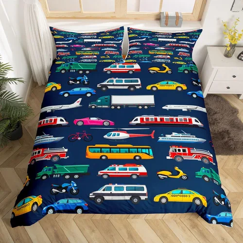 Vista 15 de Erosebridal Juego de funda de edredón de tren de dibujos animados para niños, color rojo y azul, funda de edredón de vehículos para niños
