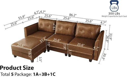 Vista 2 de LLappuil Sofá modular de cuero marrón Sofá seccional con almacenamiento