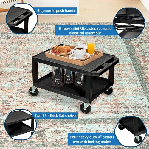 Vista 3 de Luxor Móvil Multiusos 16"H AV Carro Utilitario con 2 Estantes, Eléctrico - Negro