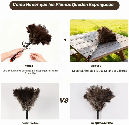Vista 4 de Plumero extensible de avestruz de 26 a 55 pulgadas, plumero de limpieza natural con agarre de esponja y poste de extensión de acero inoxidable