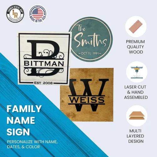 Vista 2 de Lumber Reveal USA Letreros personalizados con nombre de familia para decoración del hogar, letrero de madera cortado con láser con diseño de varias