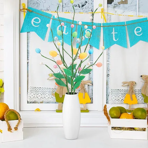 Vista 4 de 6 palillos artificiales de huevos de Pascua, ramas florales, coloridos huevos de Pascua, guirnalda de huevos de Pascua, palillos de flores, ramo