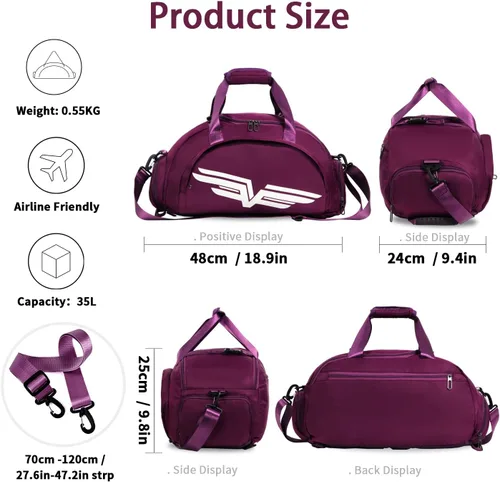 Vista 3 de FIORETTO Bolsa de deporte para hombre con bolsillo húmedo y compartimento para zapatos, ideal para viajes, gimnasio, deportes, natación, B-Morado