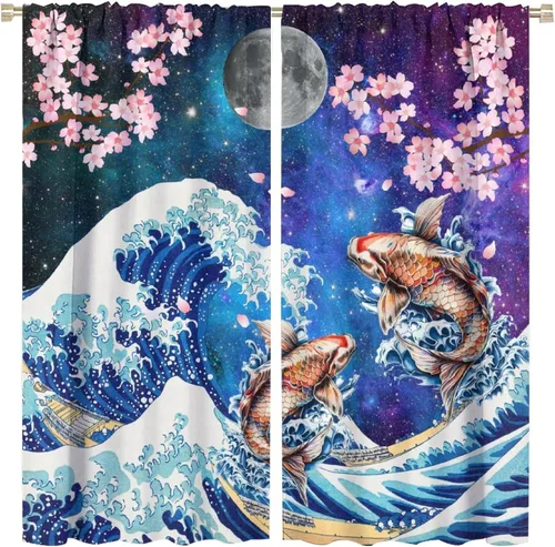 Vista 11 de Koi Fish - Cortinas opacas para cocina, estilo japonés, románticas, con estampado de flores de cerezo, con bolsillo para cortinero, cortinas opacas