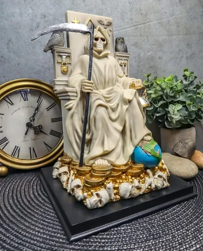 Vista 8 de Ebros Túnica blanca Santa Muerte Santa Muerte Hueso Sagrado Madre sentada en el trono con guadaña Estatua Patrón de Protección Sanación Pureza