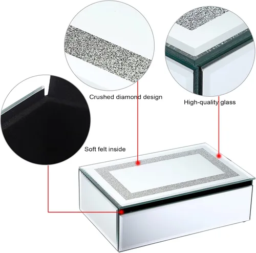 Vista 3 de ELLDOO Joyero, almacenamiento de cristal con espejo con superficie de diamantes triturados, organizador decorativo de lujo para aretes, anillos