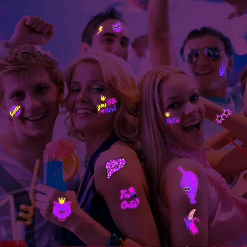 Vista 5 de Konsait Tatuajes temporales de neón, 48 estilos Tatuajes de vaquera de discoteca rosa con luz negra para despedidas de soltera y fiestas
