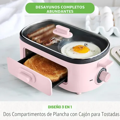 Vista 8 de Estación de preparación de desayuno 3 en 1 GreenLife, planchas duales antiadherentes de cerámica saludables para huevos, carne, salchichas, tocino