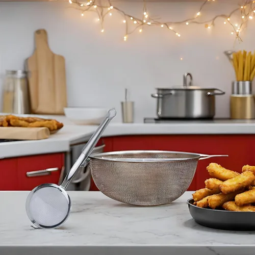 Vista 6 de Colador de malla Wok de acero inoxidable, cuchara espumadera de malla para cocinar, diámetro de 4.75 pulgadas