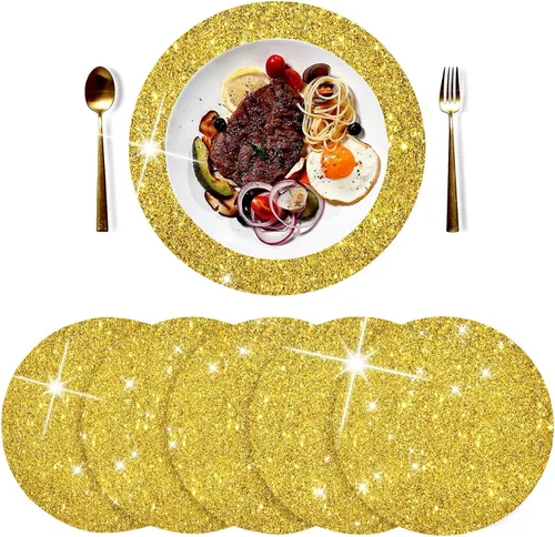 Vista 9 de Juego de 4 manteles individuales negros de cuero brillante con purpurina de 15.4 pulgadas para decoración de fiestas, bodas, día de Acción