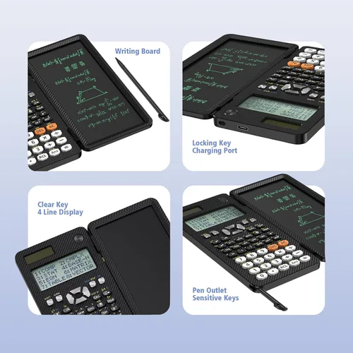 Vista 2 de Calculadora científica recargable ROATEE 991ES MAX, CalcNote Multivista de 4 líneas con pantalla LCD, bloc de notas de escritura plegable portátil