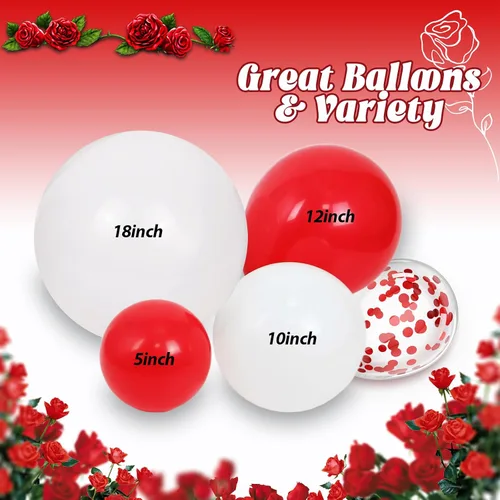 Vista 7 de Juego de 114 globos rojos y blancos, kit de arco de globos rojos y blancos para boda, compromiso, Navidad, día de San Valentín, cumpleaños