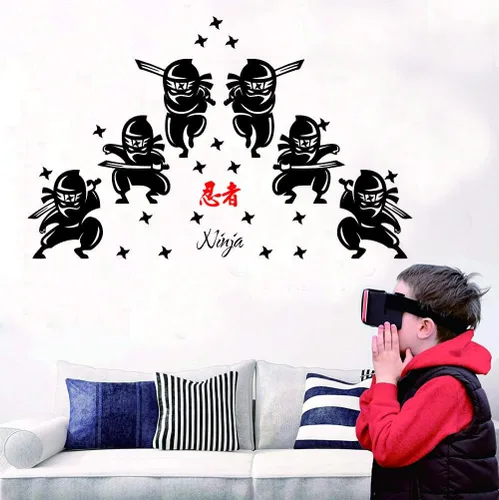 Vista 3 de Calcomanías de pared de ninja y samurái, siluetas de guerrero japonés con espadas, calcomanías de PVC extraíbles para habitación de niños, sala