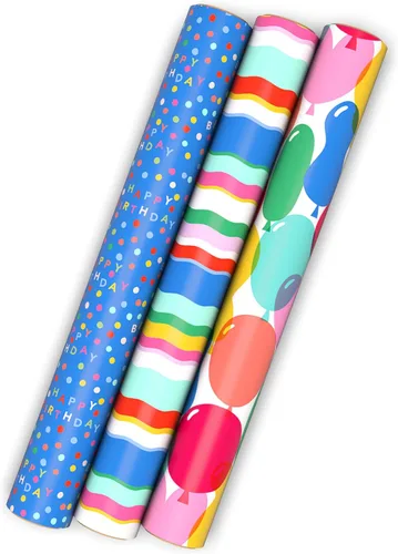 Vista 2 de Hallmark Mini rollos de papel de regalo de cumpleaños, paquete de 3 (rayas de arco iris, globos coloridos, lunares sobre azul) para graduaciones