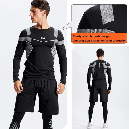 Vista 5 de BOOMCOOL Ropa de entrenamiento para hombre ropa de fitness para gimnasio correr pantalones de compresión para correr camiseta de manga larga Negro