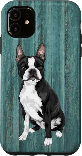 Vista 8 de Boston Terrier Faux Blue Wood Background Case for iPhone 17