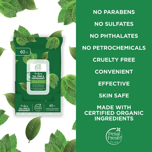 Vista 3 de Petal Fresh Eliminación de maquillaje de árbol de té y menta, toallitas limpiadoras, toallitas faciales suaves, limpieza diaria, vegano y libre