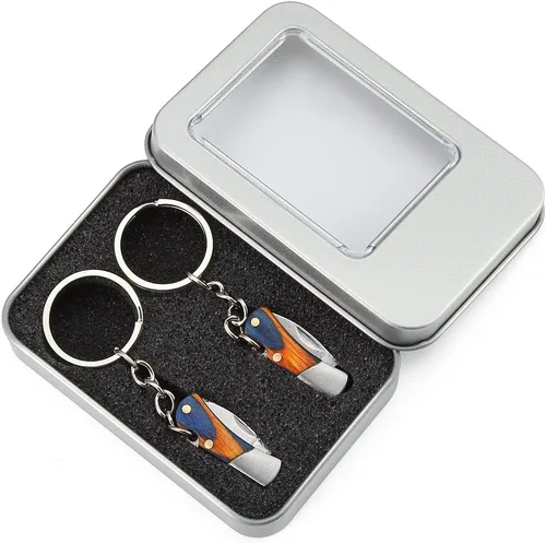Vista 2 de Luvbestaken - 2 cuchillos de bolsillo pequeños, mini cuchillo para llavero, cuchillo de acero inoxidable EDC, cuchillo plegable con mango de madera