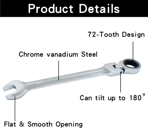 Vista 3 de Murtenze Llave combinada de trinquete de cabeza flexible de 3/4 pulgadas, SAE 72 dientes llave de engranajes de cabeza de extremo de caja de 12